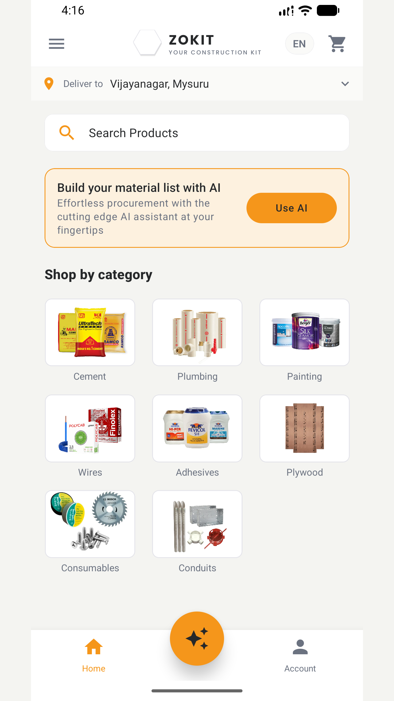 ZOKIT app showing cement, plumbing, paint, wires and other construction materials