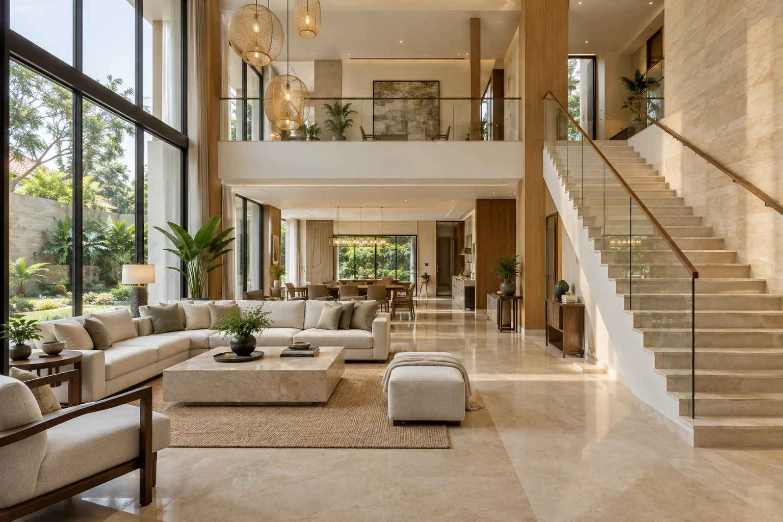 Spacious duplex interior design concept with a double-height living room, staircase and upper gallery